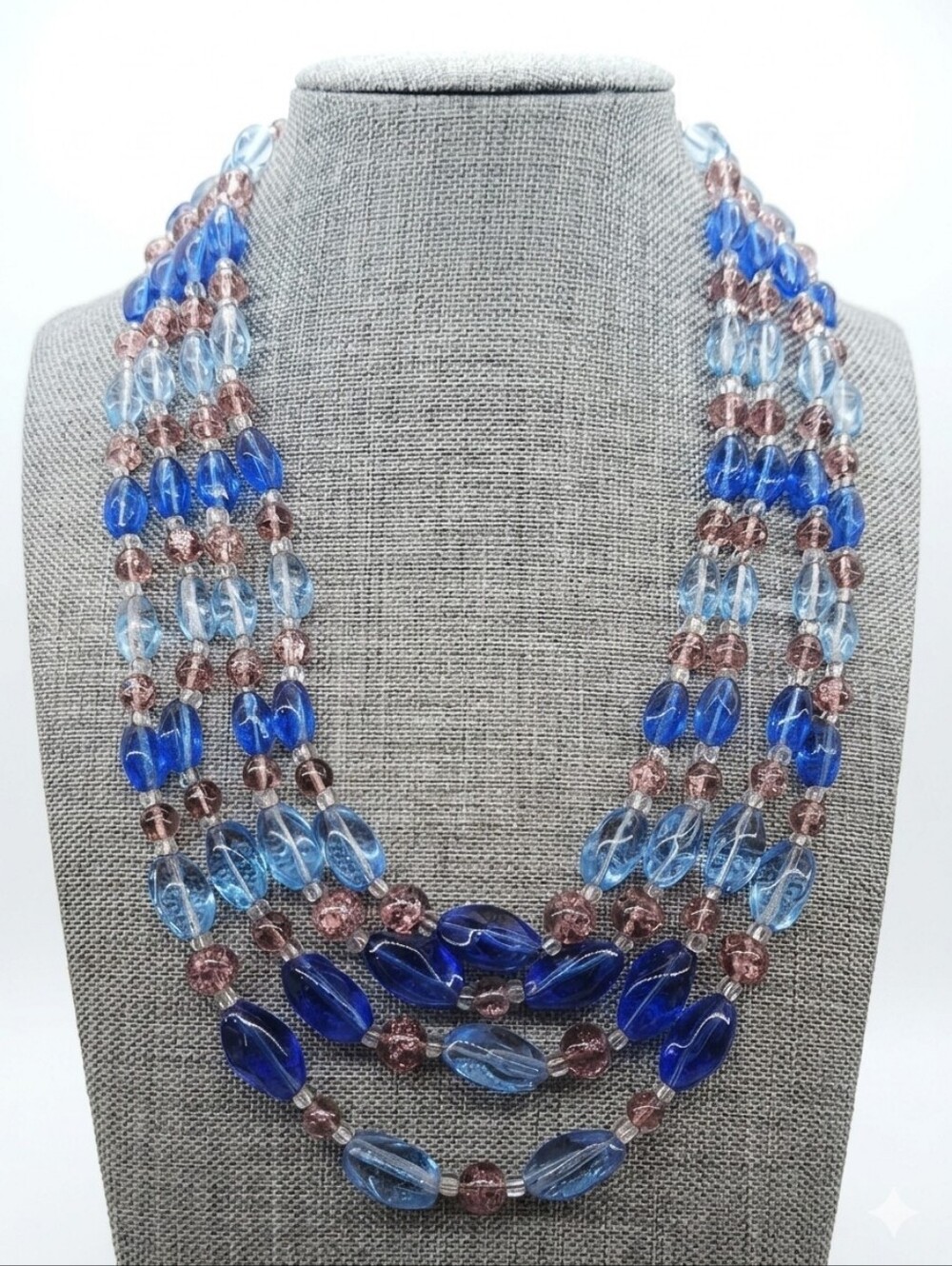 Multi Strand Blue Glass Beaded Statement Necklace Layered Chunky Choker🤍